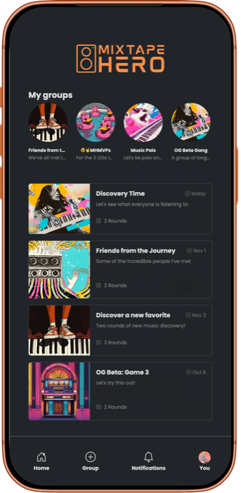 Mixtape Hero app showing music groups and active rounds